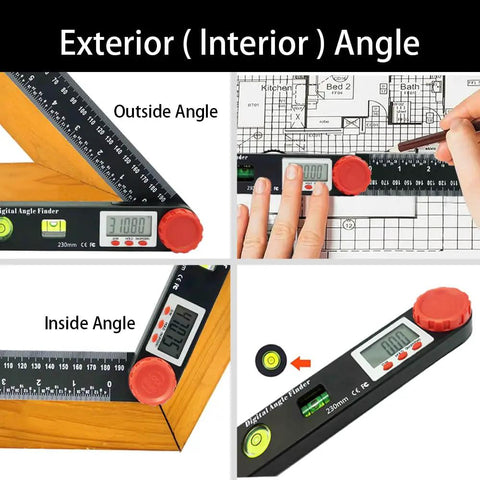 Hella Precise Digital Angle Finder Ruler Featuring LCD Screen With Three Sixty Degree Range Plus Locking Mechanism For Woodworking Construction And Miter Saw DIY Tasks Delivers Sweet Accuracy Every Time measuring outside and inside angles with protractor and ruler.
