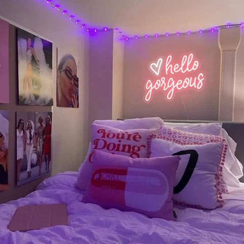 Hello Gorgeous Neon Sign LED Neon Light Heart Wall Decor For Girl Bedroom Lit Romantic Party Gift USB Powered Acrylic Light For Birthday Wedding Bar Club Decor Great Gift For Her Room Makeover Ideas