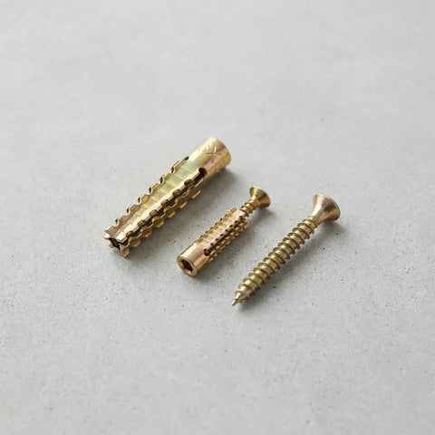 Beefy Hollow Wall Anchors With Screws Kit For Stripped Holes And Loose Hinges, metal fasteners on a gray surface