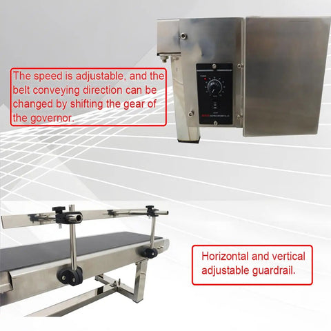 Heavy Duty 110V PVC Belt Conveyor System With Adjustable Guardrail, showing speed control and guardrail adjustment features