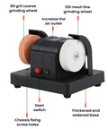 Badass Compact Table Grinder Featuring Dual Polish Discs For Quick Blade Sharpening Rust Stripping And Smooth Benchtop Finishing with 80 grit coarse and 120 mesh fine wheels.