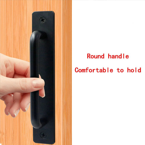Black 4 Piece Barn Drawer Pulls Set With Flat Head Long Base Design for Drawers Doors and Cabinets, shown installed on wooden door