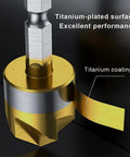 Close-up of titanium-coated drill bit from 6 Piece Countersink Drill Bit Set With One Quarter Hex Shank 82 Degree Five Flute Center Punch For Metal Wood Plastic Nitride Coated High Speed Steel For Longer Life Great For DIY Projects Includes One Quarter Five Sixteenths Three Eighths One Half Five, highlighting titanium-plated surface.