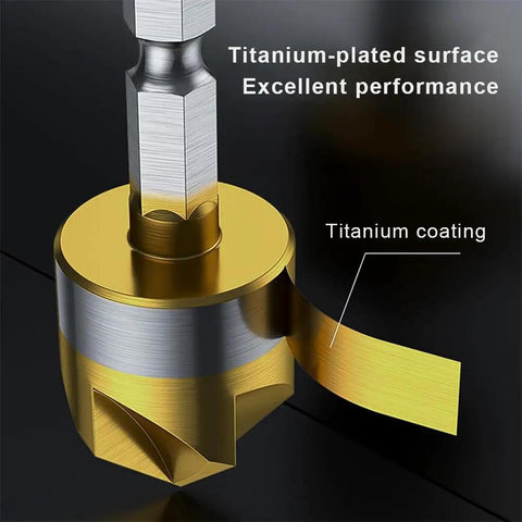 Close-up of titanium-coated drill bit from 6 Piece Countersink Drill Bit Set With One Quarter Hex Shank 82 Degree Five Flute Center Punch For Metal Wood Plastic Nitride Coated High Speed Steel For Longer Life Great For DIY Projects Includes One Quarter Five Sixteenths Three Eighths One Half Five, highlighting titanium-plated surface.