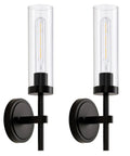 SANTOSTOCK Black Wall Sconces Set of Two, Hardwired Bathroom Vanity Sconces Wall Lighting with Clear Glass Shade, Modern farmhouse design with clear cylindrical glass.