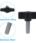 Four Pack Of 1/4 To 20 By 3/4 Inch Stainless Steel Thumb Screws with knurled black aluminum grip, ideal for woodworking.