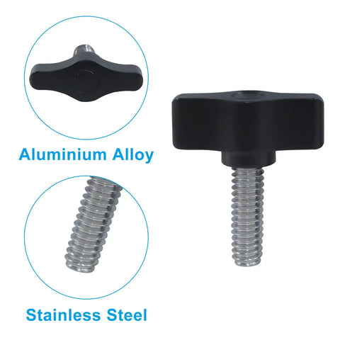 Four Pack Of 1/4 To 20 By 3/4 Inch Stainless Steel Thumb Screws with knurled black aluminum grip, ideal for woodworking.
