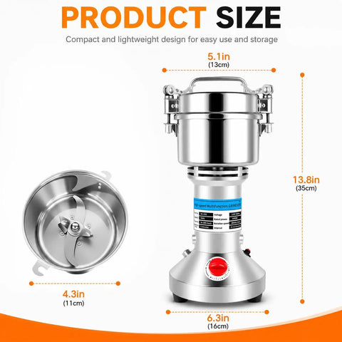 Heavy Duty Electric Grain Mill Grinder 2000W High Speed Stainless Steel Powder Machine Pulverizer dimensions 5.1in x 4.3in x 13.8in