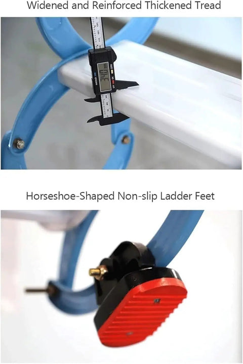 Widened and reinforced tread of Top Shelf Electric Attic Ladder With Plug And Play Remote Control for secure footing.