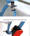 Close-up of electric pull down attic ladder with reinforced tread and non-slip shoes for safety during use.