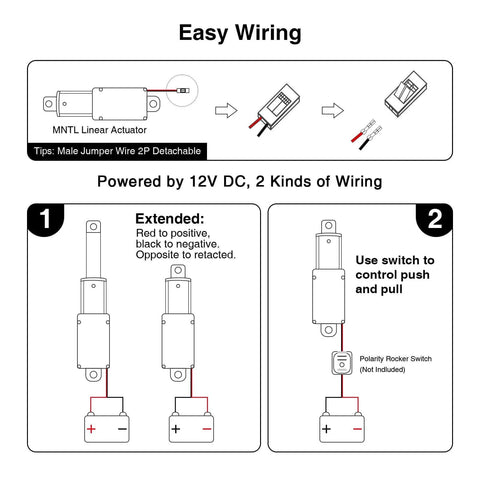 Wiring guide for Compact 50mm 120N Mini Electric Linear Actuator 12V with 2-inch stroke showing 12V power setup and switch connections.