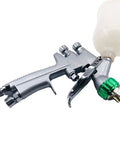 Pro Grade Mini Pneumatic Paint Spray Gun With HVLP Airbrush Setup And One Point Two Millimeter Nozzle, detailed view with nozzle and cup.