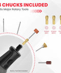 All In One 699 Piece Rotary Tool Accessories Kit with three chucks, sanding, and polishing bits displayed