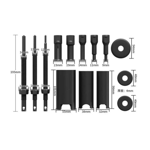 Heavy Duty 14 Piece Bearing Removal Tool Kit For Mechanics And Home Garage Featuring Inner Bearing Puller Set With Rods And Sleeves For Disassembly On Cars Bikes Or Machines Plus Storage Box To Keep Parts Safe Handling Stuck Bearings Is Easy As Pie. 45# steel parts with 9mm-195mm sizes