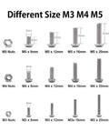 Different size M3 M4 M5 screws and nuts displayed for hardware projects, ideal for various applications and repairs.