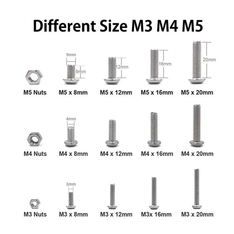 Different size M3 M4 M5 screws and nuts displayed for hardware projects, ideal for various applications and repairs.