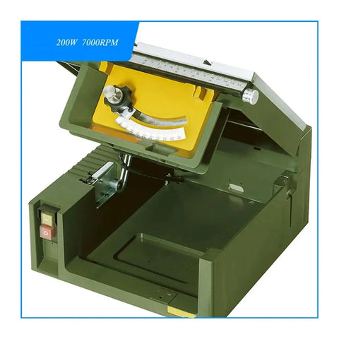 Ultra Compact Mini Table Saw With 200W 7000 RPM Motor To Nail Every Cut On Home Woodworking Projects featuring angled adjustable blade.