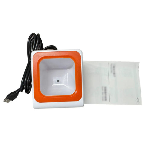 Top view of Desktop Barcode Scanner With Big Window And CMOS Sensor For Quick Auto Scan, QR Code Reader, USB cable attached.