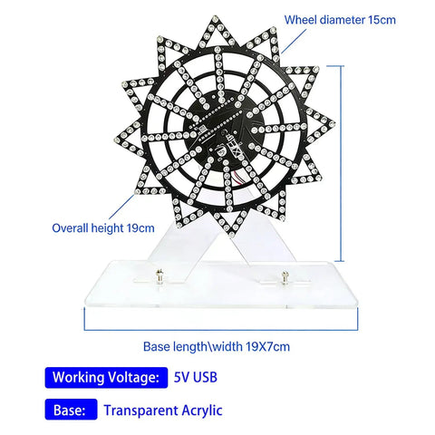 7 Color Ferris Wheel Soldering Practice Kit showing transparent acrylic base and 15cm rotating LED wheel with 5V USB voltage