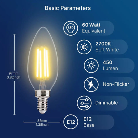 Filament Candelabra Bulbs 60W Equivalent Dimmable E12 B11 4.5W LED Filament Lamps 2700K Soft White with specifications chart