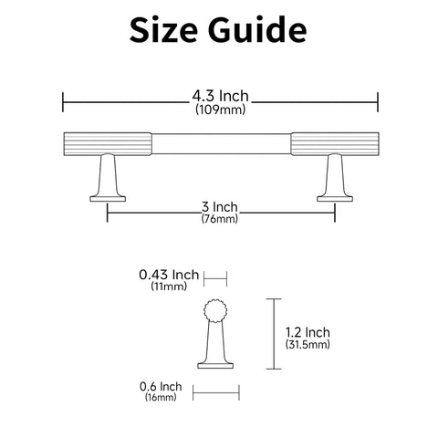 Size guide for Champagne Bronze Cabinet Pulls Set Of 10, 3 Inch Hole Centers Cabinet Handles with dimensions and measurements.