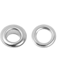 Two silver metal grommets with washers, 3/8 inch (10 mm) diameter, front view