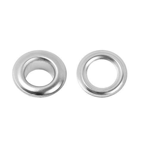 Two silver metal grommets with washers, 3/8 inch (10 mm) diameter, front view