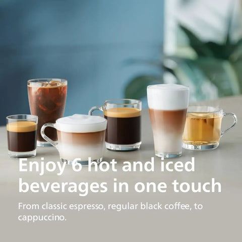 Fully Automatic Espresso Coffee Maker With LatteGo Milk Frother And Ceramic Grinder For Smooth Daily Brewing At Home. Six hot and iced drinks served.