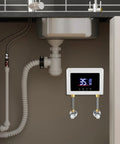 Top Tier Built Different Wall Mount Instant Electric Water Heater 3000W Tankless Kit under sink view with digital panel.