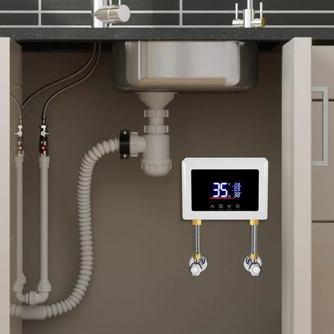 Top Tier Built Different Wall Mount Instant Electric Water Heater 3000W Tankless Kit under sink view with digital panel.