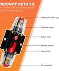 Built Tough 80 Amp Inline Circuit Breaker With Manual Reset Switch For 12V To 48V DC Car Stereo Marine Audio Systems, features waterproof rubber ring and Bakelite material.