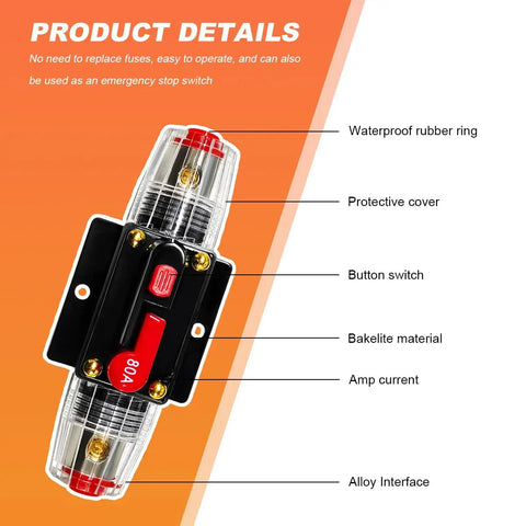 Built Tough 80 Amp Inline Circuit Breaker With Manual Reset Switch For 12V To 48V DC Car Stereo Marine Audio Systems, features waterproof rubber ring and Bakelite material.