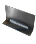 Close-up of a 24 Piece Welding Practice Kit With 11 Gauge Mild Steel Coupons, 2x4 inch, showing a welded seam on the L-shaped piece.