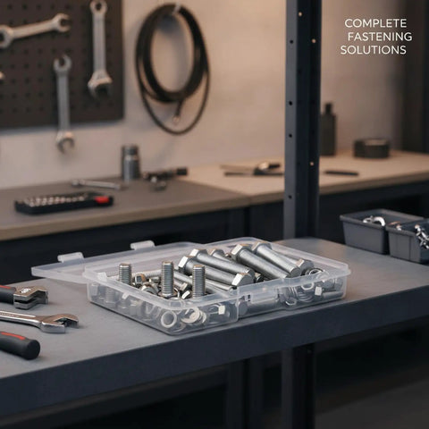 Beefy 304 Stainless Hex Head Bolt Nut Washer Kit SAE And Metric Fasteners set in workshop environment
