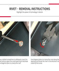Rivet removal instructions showing a screwdriver and pliers used for Universal Replacement Luggage Wheels With Silent Heavy Duty Rubber Casters.
