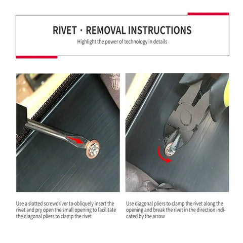 Rivet removal instructions showing a screwdriver and pliers used for Universal Replacement Luggage Wheels With Silent Heavy Duty Rubber Casters.