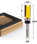 Pro Grade Four Piece Flush Trim Router Bit Set Half Inch Diameter Quarter Inch Shank One Quarter To One Inch Cut Lengths showing dimensions.