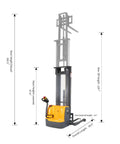Full Electric Pallet Stacker And Straddle Forklift With 3300 LB Capacity And 220 Inch Lift showing dimensions with raised mast height at 242.5 inches.