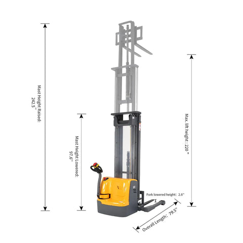 Full Electric Pallet Stacker And Straddle Forklift With 3300 LB Capacity And 220 Inch Lift showing dimensions with raised mast height at 242.5 inches.
