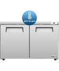 Hella Solid Heavy Duty Sixty Inch Two Door Undercounter Refrigerator In Silver For Commercial Kitchens Featuring Straight Shooter Cooling With Smooth Liftgate Freight Delivery showcasing temperature range of 33°F to 40°F.