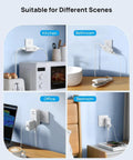Super Sleek 4 Outlet Surge Protector With 360 Rotating Head And Space Saving Design in kitchen, bathroom, office, bedroom settings.