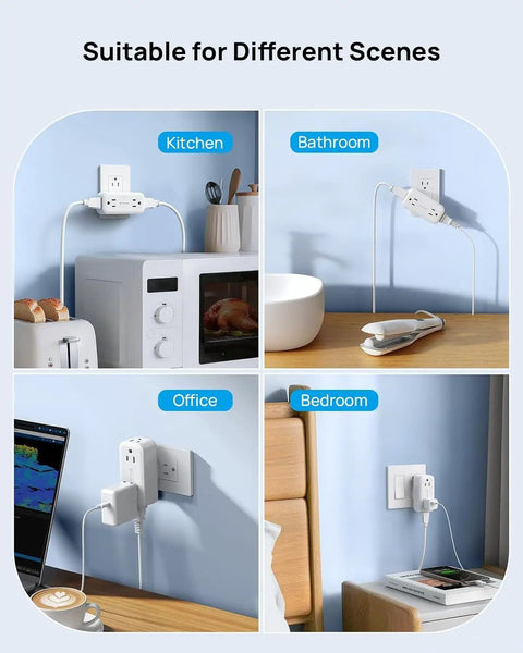 Super Sleek 4 Outlet Surge Protector With 360 Rotating Head And Space Saving Design in kitchen, bathroom, office, bedroom settings.