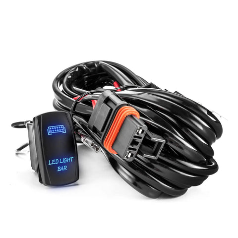 Plug N Play 300W LED Light Bar Wiring Harness Kit with rocker switch, pulse power connector, and inline fuse, coiled on white background