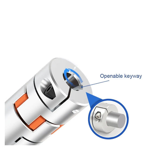 Plum Jaw Shaft Coupling With Buffer Structure For CNC Motors 8mm Bore And Clamp Locking To Prevent Slipping On Servo Stepper Systems D40 L50 Aluminum Body close-up of openable keyway design.