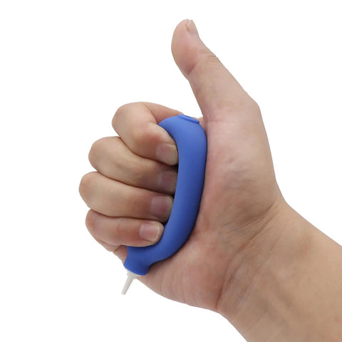 Hand holding a blue Air Duster Blower For Electronics Cleaning, Powerful Odorless Rubber Air Blaster To Clean Watch, Keyboard