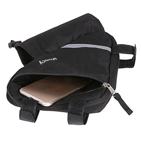 Ultralight Reflective Triangle Frame Bag for Bikes with Water Bottle Pouch, open view showing zipper, elastic straps, and storage space