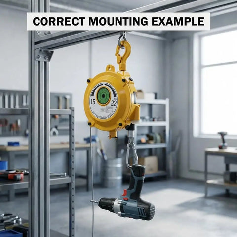 Spring Balancer 33-49 Lbs Tool Balancer with Adjustable Retractable Holder mounting a power drill in industrial workshop