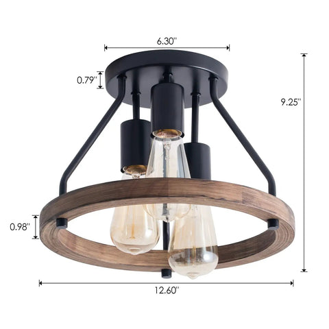 Industrial Flush Mount Ceiling Light With Retro Wood Circle Shade, three-light rustic farmhouse fixture for modern cozy home decor.