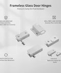 3Mm-12Mm Glass Compatibility Frameless Door Hinges Stainless Steel Clamp-On Pivot Hardware for shower enclosures and cabinets