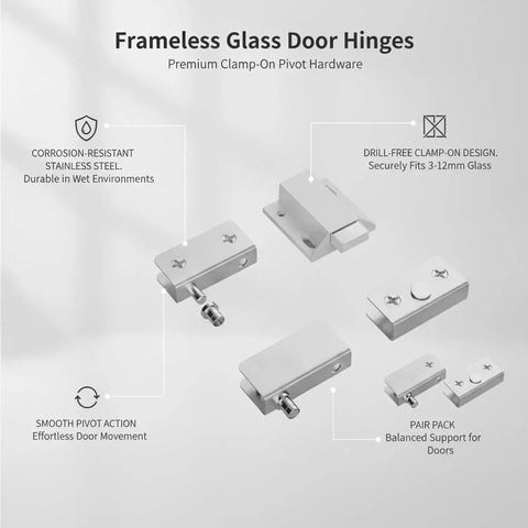3Mm-12Mm Glass Compatibility Frameless Door Hinges Stainless Steel Clamp-On Pivot Hardware for shower enclosures and cabinets
